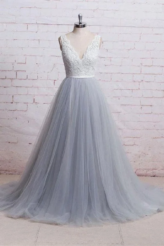 Party dresses with a mermaid silhouette for a figure - hugging fitV-neck Ivory Lace Bodice Grey Tulle Skirt Chapel Train Prom Dresses PG685 Party dresses with a mermaid silhouette for a figure - hugging fitV-neck Ivory Lace Bodice Grey Tulle Skirt Chapel Train Prom Dresses PG685