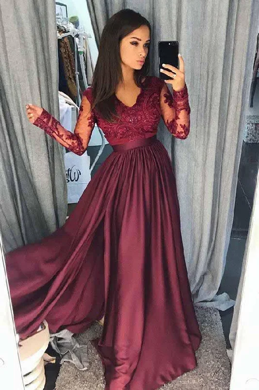 Party dresses with a cut - out design for a daring and edgy styleA-Line V-Neck Long Sleeves Split Burgundy Satin Prom Dress with Appliques PG677 Party dresses with a cut - out design for a daring and edgy styleA-Line V-Neck Long Sleeves Split Burgundy Satin Prom Dress with Appliques PG677
