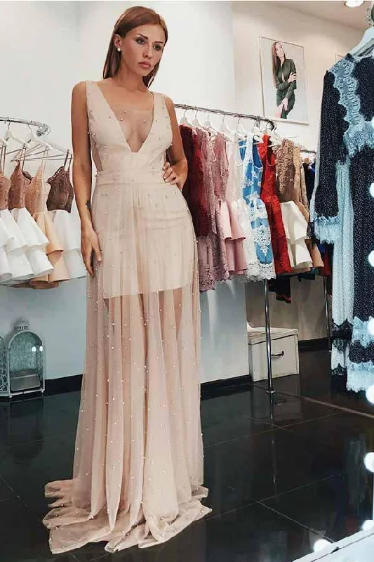 Party dresses with a detachable train for added versatility​A-Line V-Neck Low Cut Pearl Pink Tulle Prom Dress with Pearls PG646