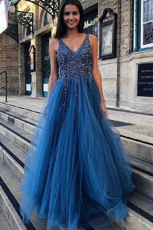 Party dresses with a polka - dot pattern for a classic and playful styleA-Line V-Neck Tulle Backless Prom Dress with Sequins Appliques PG655 Party dresses with a polka - dot pattern for a classic and playful styleA-Line V-Neck Tulle Backless Prom Dress with Sequins Appliques PG655