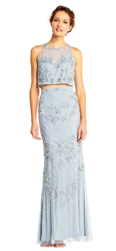 Prom dresses with lace - up side panels and ruffled bodices for a feminine and detailed lookAdrianna Papell - AP1E201534 Beaded Halter Illusion Two Piece Gown Prom dresses with lace - up side panels and ruffled bodices for a feminine and detailed lookAdrianna Papell - AP1E201534 Beaded Halter Illusion Two Piece Gown