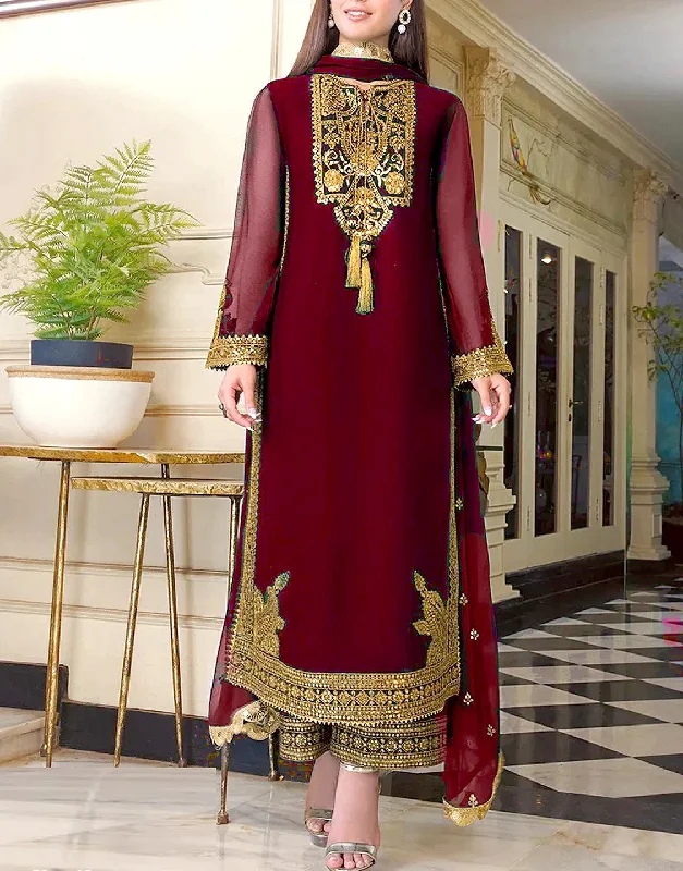Beach party dresses made of lightweight and breathable fabricElegant Embroidered Maroon Chiffon Party Dress 2024 (DZ15500) Beach party dresses made of lightweight and breathable fabricElegant Embroidered Maroon Chiffon Party Dress 2024 (DZ15500)