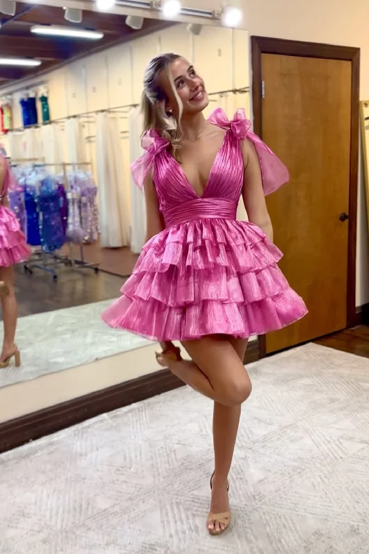 Party dresses with a satin - lined interior for added comfortFuchsia A-line Tiered V Neck Short Prom Dress Party dresses with a satin - lined interior for added comfortFuchsia A-line Tiered V Neck Short Prom Dress