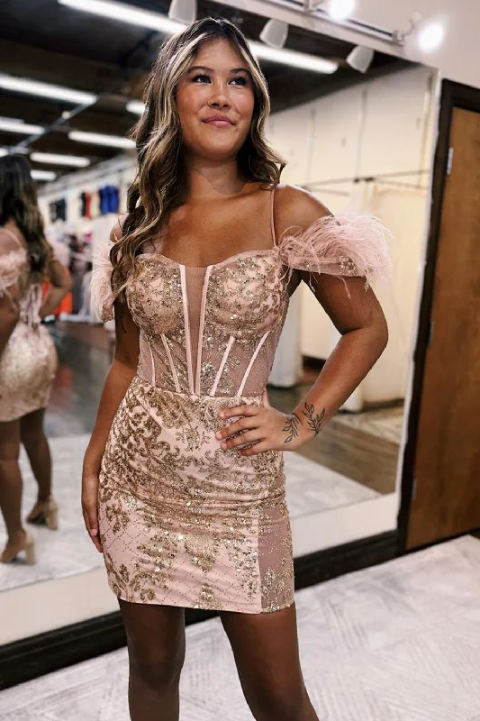 Party dresses with a tiered skirt for a fun and voluminous styleGiltter Rose Gold Tight Short Party Dress with Feathers Party dresses with a tiered skirt for a fun and voluminous styleGiltter Rose Gold Tight Short Party Dress with Feathers