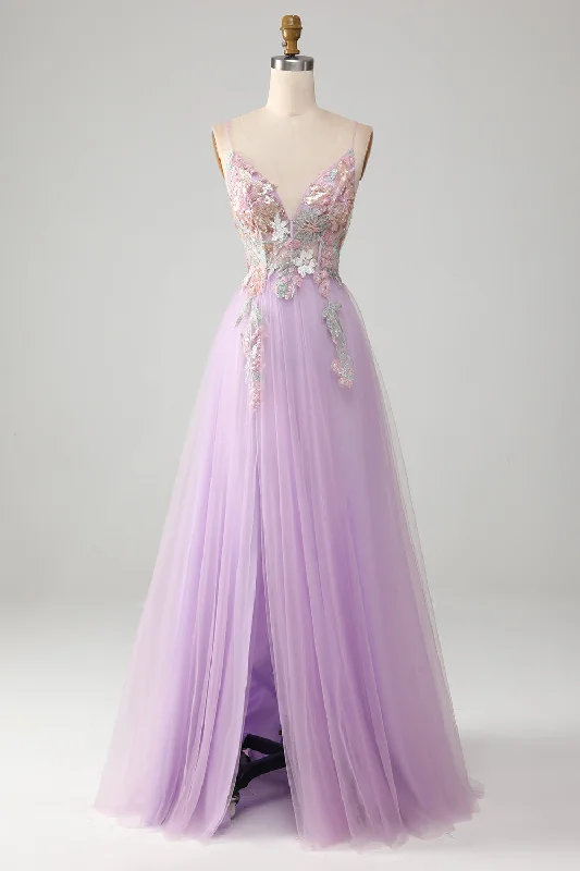 Mermaid - cut formal dresses in satin for a glamorous prom nightGlitter A-Line Spaghetti Straps Lilac Long Prom Dress with Flowers
