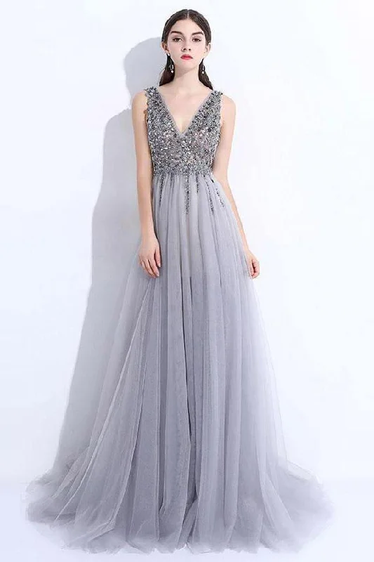 Gothic - style party dresses for a dark and mysterious lookGray A-line V Neck Tulle Split Prom Evening Dresses With Beading PG674 Gothic - style party dresses for a dark and mysterious lookGray A-line V Neck Tulle Split Prom Evening Dresses With Beading PG674