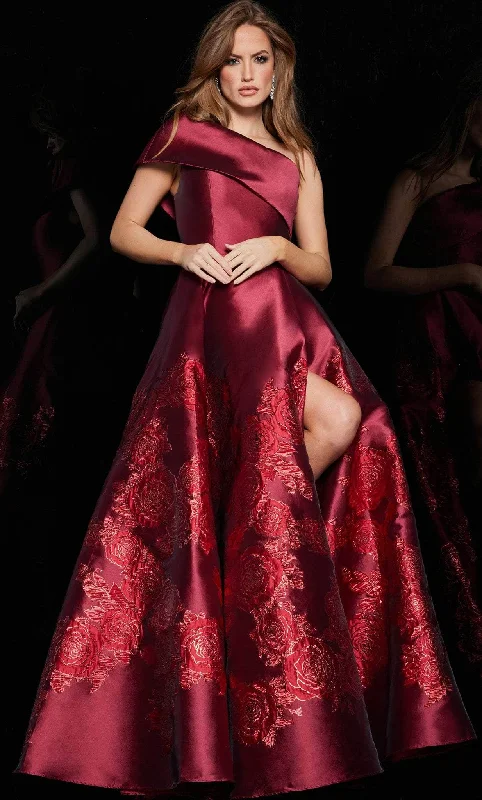 Prom dresses with tiered ruffled sleeves and satin skirts for a feminine and voluminous lookJovani 09610 - One Shoulder Floral Ballgown Prom dresses with tiered ruffled sleeves and satin skirts for a feminine and voluminous lookJovani 09610 - One Shoulder Floral Ballgown