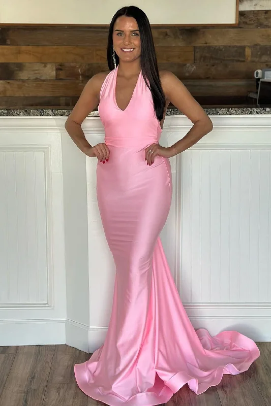 Formal dresses with one - shoulder ruffled straps and sequined bodices for a trendy and eye - catching lookMermaid Halter Pink Long Prom Dress