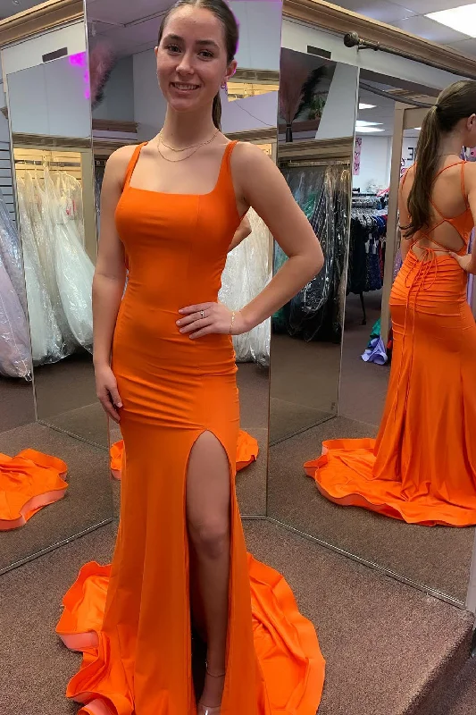 Formal dresses with gathered bodices and wide - leg skirts for a comfortable and stylish silhouetteMermaid Square Neck Orange Prom Dress with Slit Formal dresses with gathered bodices and wide - leg skirts for a comfortable and stylish silhouetteMermaid Square Neck Orange Prom Dress with Slit