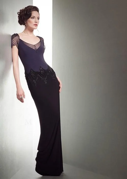 Formal dresses with off - the - shoulder sleeves and rhinestone accents for a sophisticated promMIGNON - Mesh Ornate Two-Toned Sheath Dress VM1411 Formal dresses with off - the - shoulder sleeves and rhinestone accents for a sophisticated promMIGNON - Mesh Ornate Two-Toned Sheath Dress VM1411