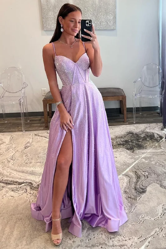 Formal dresses with wrap - around styles and beaded belts for a customized fitSatin Beaded Lilac Corset Prom Dress with Slit Formal dresses with wrap - around styles and beaded belts for a customized fitSatin Beaded Lilac Corset Prom Dress with Slit