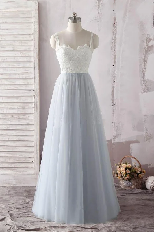 Tulle party dresses with a fairy - tale charm for formal occasionsSimple Spaghetti Straps Sweetheart Ivory Lace Blue Tulle Prom Dress PG637 Tulle party dresses with a fairy - tale charm for formal occasionsSimple Spaghetti Straps Sweetheart Ivory Lace Blue Tulle Prom Dress PG637