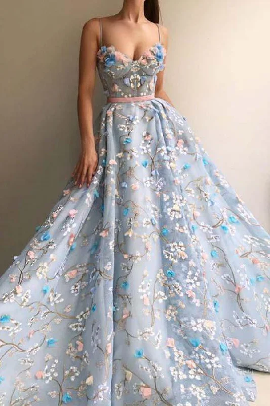 80s - inspired party dresses with bold colors and big shoulders​Spaghetti Strap Flower Applique Sky Blue Prom Dresses Evening Dresses PG694