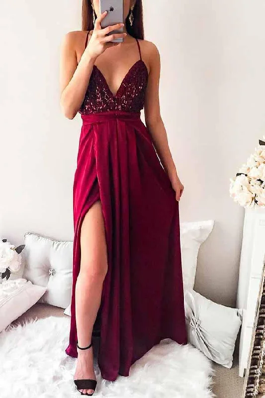 Strapless party dresses with a beaded bodice for added eleganceSpaghetti Straps Pleated Dark Red Long Prom Party Dress with Sequins PG645 Strapless party dresses with a beaded bodice for added eleganceSpaghetti Straps Pleated Dark Red Long Prom Party Dress with Sequins PG645