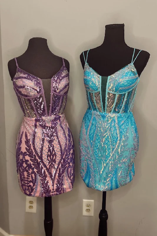 Party dresses with a geometric pattern for a contemporary lookSparkly Blue Bodycon Spaghetti Straps Short Prom Dress Party dresses with a geometric pattern for a contemporary lookSparkly Blue Bodycon Spaghetti Straps Short Prom Dress