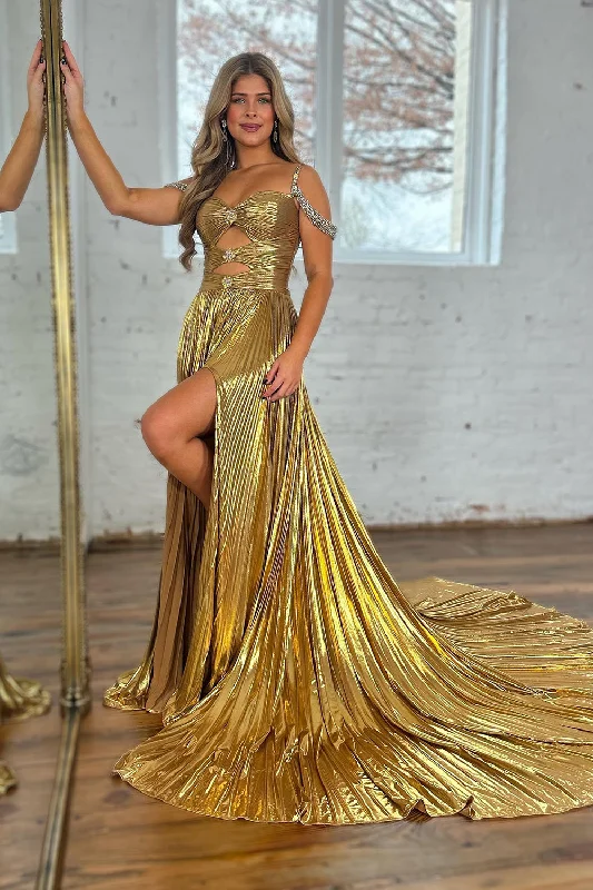 Prom dresses with one - shoulder ruffled straps and geometric patterns for a contemporary and eye - catching formal eventSparkly Golden Cut Out Beaded A-Line Metallic Pleated Long Prom Dress with Slit Prom dresses with one - shoulder ruffled straps and geometric patterns for a contemporary and eye - catching formal eventSparkly Golden Cut Out Beaded A-Line Metallic Pleated Long Prom Dress with Slit