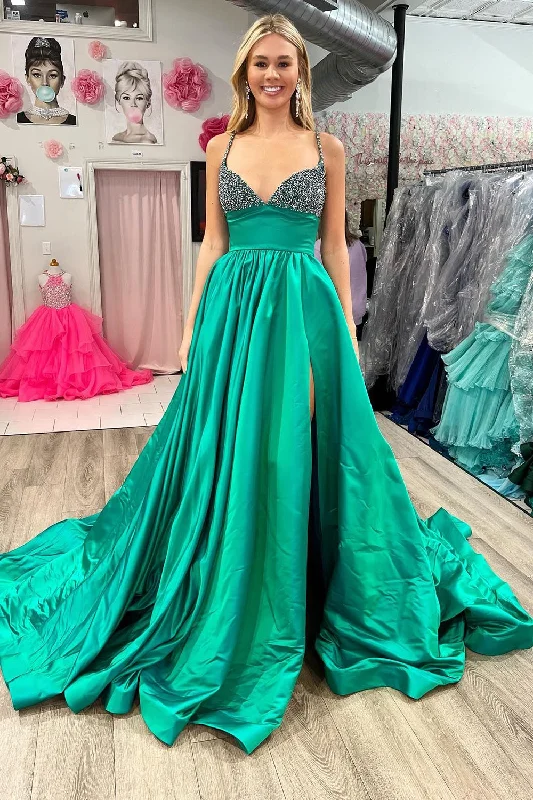 Tea - length formal dresses with lace trim for a semi - formal promSparkly Spaghetti Straps Green Long Prom Dress with Slit Tea - length formal dresses with lace trim for a semi - formal promSparkly Spaghetti Straps Green Long Prom Dress with Slit