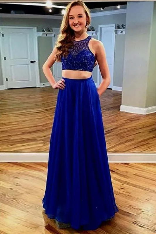 Party dresses with a pom - pom trim for a fun and festive touchTwo Piece Floor-Length Royal Blue Chiffon Prom Dress with Lace Pockets PG650 Party dresses with a pom - pom trim for a fun and festive touchTwo Piece Floor-Length Royal Blue Chiffon Prom Dress with Lace Pockets PG650