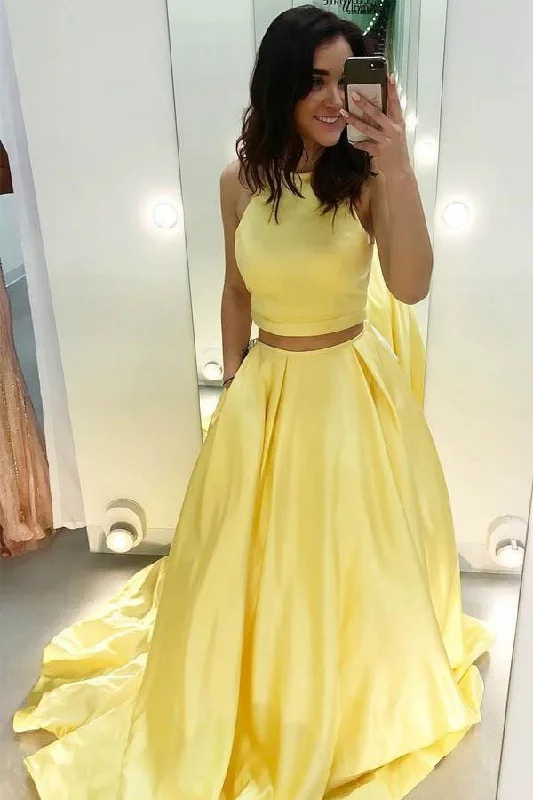 Party dresses with a paisley pattern for a bohemian - inspired lookTwo Piece Yellow Satin Formal Halter Long Simple Prom Dresses PG678 Party dresses with a paisley pattern for a bohemian - inspired lookTwo Piece Yellow Satin Formal Halter Long Simple Prom Dresses PG678