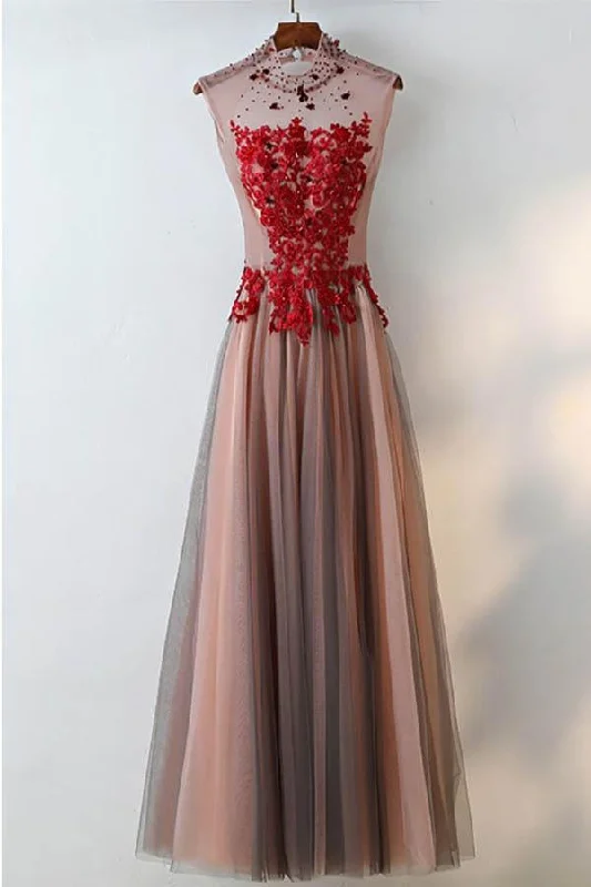 Party dresses with a cut - out design for a daring and edgy styleUnique High Neck Black Tulle And Red Lace Sleeveless Prom Dress PG634 Party dresses with a cut - out design for a daring and edgy styleUnique High Neck Black Tulle And Red Lace Sleeveless Prom Dress PG634