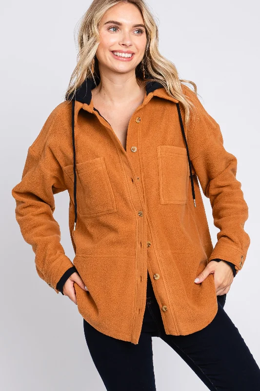 Women's tie - front hoodie in a lightweight fabric for summer layeringCamel Soft Hooded Shacket Women's tie - front hoodie in a lightweight fabric for summer layeringCamel Soft Hooded Shacket