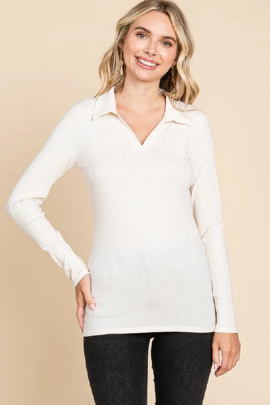 Women's cropped sweatshirt with a lace - trimmed hem for a romantic lookCream Ribbed Collared Long Sleeve Top Women's cropped sweatshirt with a lace - trimmed hem for a romantic lookCream Ribbed Collared Long Sleeve Top