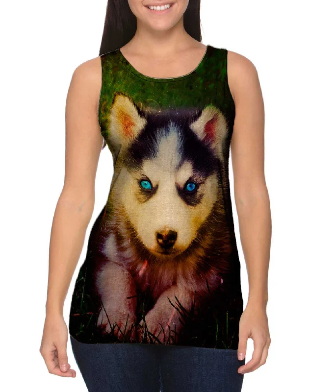 Mock Neck Women's Performance Tank Tops for CyclingEmo Husky Puppy