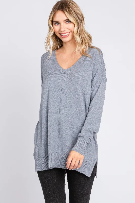 Women's tie - dye hoodie in bright colors for a retro and eye - catching styleHeather Grey Long Sleeve Side Slit Sweater Women's tie - dye hoodie in bright colors for a retro and eye - catching styleHeather Grey Long Sleeve Side Slit Sweater
