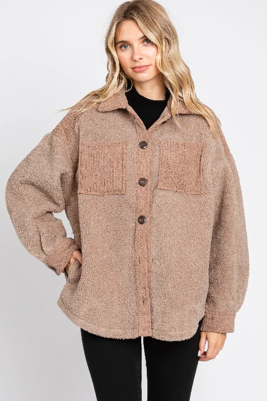 Women's graphic - printed sweatshirt featuring floral patterns for a feminine touchMocha Colorblock Fleece Shirt Jacket Women's graphic - printed sweatshirt featuring floral patterns for a feminine touchMocha Colorblock Fleece Shirt Jacket