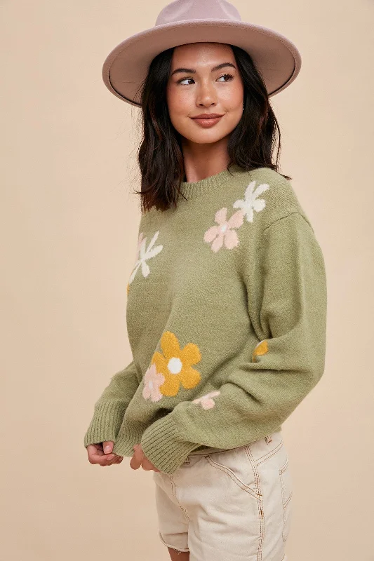 Women's graphic - printed sweatshirt featuring floral patterns for a feminine touchSage Floral Crew Neck Sweater Women's graphic - printed sweatshirt featuring floral patterns for a feminine touchSage Floral Crew Neck Sweater