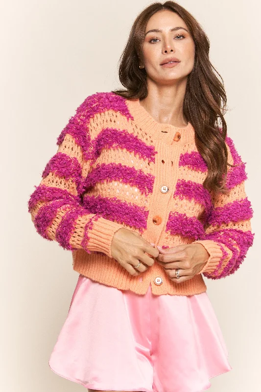 Women's quarter - zip sweatshirt made of organic cotton for eco - conscious fashionTangerine Fuchsia Fuzzy Stripe Long Sleeve Cardigan Women's quarter - zip sweatshirt made of organic cotton for eco - conscious fashionTangerine Fuchsia Fuzzy Stripe Long Sleeve Cardigan