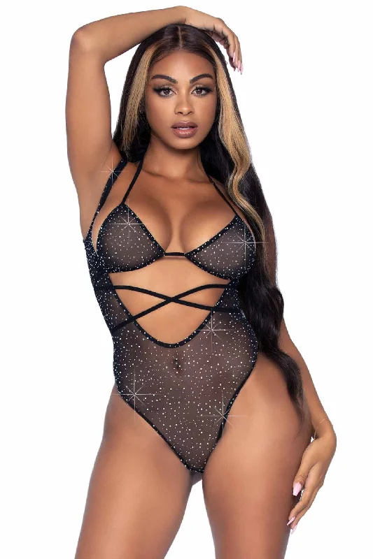 Printed Bodysuits with Floral Patterns for a Feminine Vibe2 Piece Rhinestone Mesh Wrap Around Bikini Top & Suspender Bodysuit