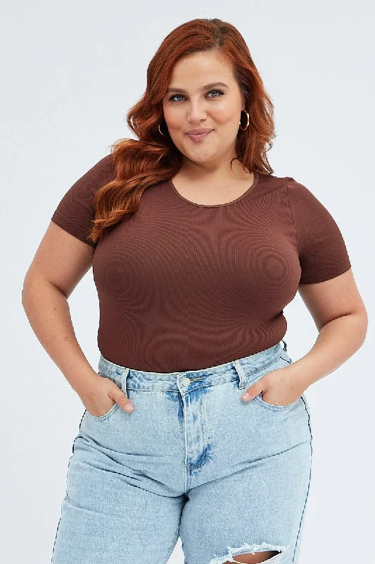 High - Neck Bodysuits for a Modest and Sophisticated LookBrown Bodysuit Short Sleeve Crew Neck Seamless High - Neck Bodysuits for a Modest and Sophisticated LookBrown Bodysuit Short Sleeve Crew Neck Seamless