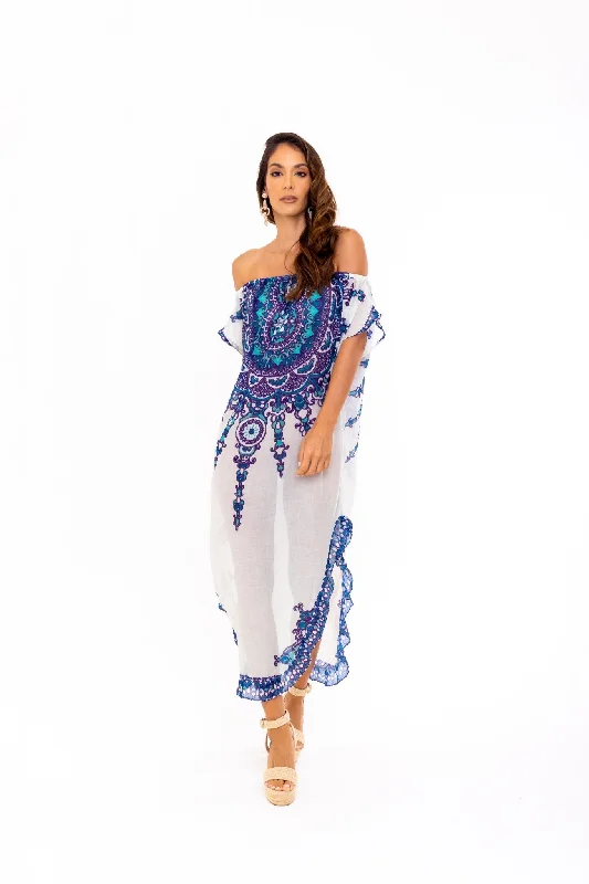 Wrap - around cover ups for a customizable fitDelphine Blue off the shoulder caftan