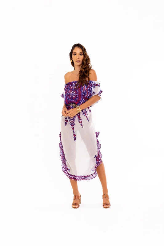 Metallic - thread cover ups for a sparkly beachside eventDelphine Red off the shoulder caftan Metallic - thread cover ups for a sparkly beachside eventDelphine Red off the shoulder caftan