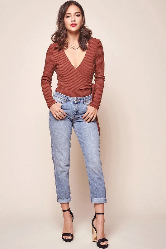 Crop Bodysuits to Pair with High - Waisted BottomsHerieth Long Sleeved Ribbed Bodysuit Chestnut Crop Bodysuits to Pair with High - Waisted BottomsHerieth Long Sleeved Ribbed Bodysuit Chestnut