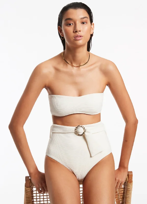 Tropical - themed bikini for a vacation - ready beach outfitIsla Rib Belted High Waisted Bikini Bottom - Cream Tropical - themed bikini for a vacation - ready beach outfitIsla Rib Belted High Waisted Bikini Bottom - Cream