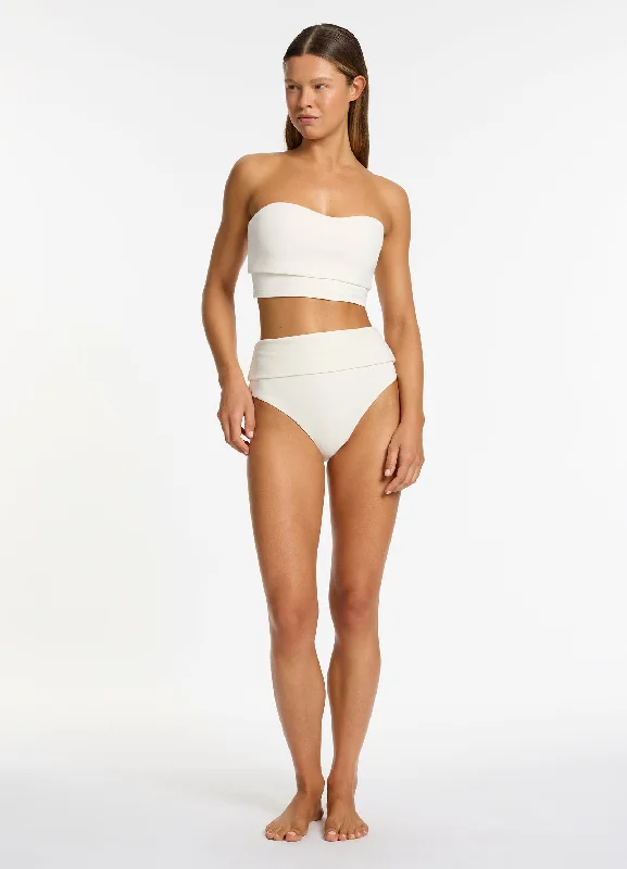 Monokini - style bikini with a unique one - piece - meets - bikini designIsla Rib Fold Down High Waisted Bikini Bottom - Cream Monokini - style bikini with a unique one - piece - meets - bikini designIsla Rib Fold Down High Waisted Bikini Bottom - Cream