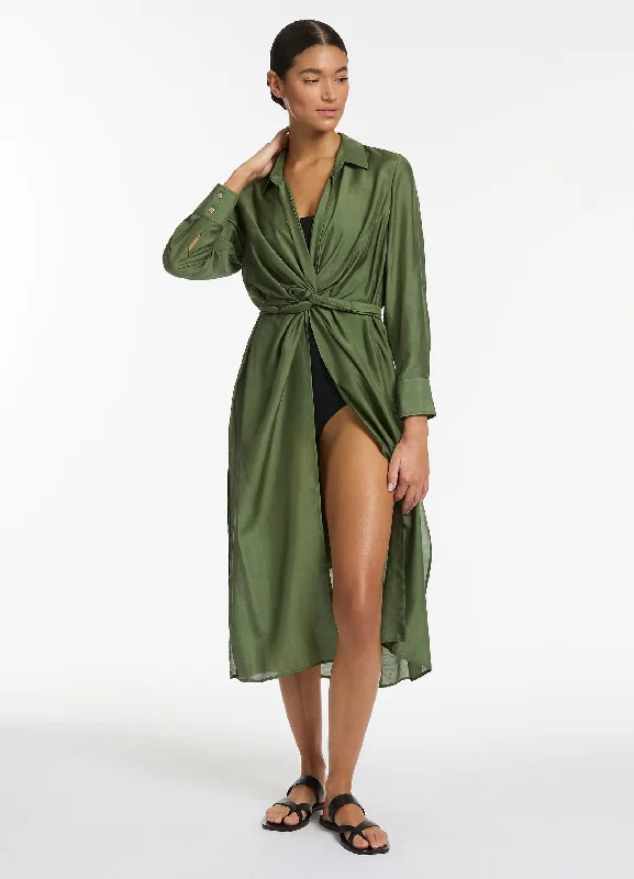 Animal - print cover ups for a bold and edgy beach styleJetset Wrap Shirt Dress - Olive Animal - print cover ups for a bold and edgy beach styleJetset Wrap Shirt Dress - Olive