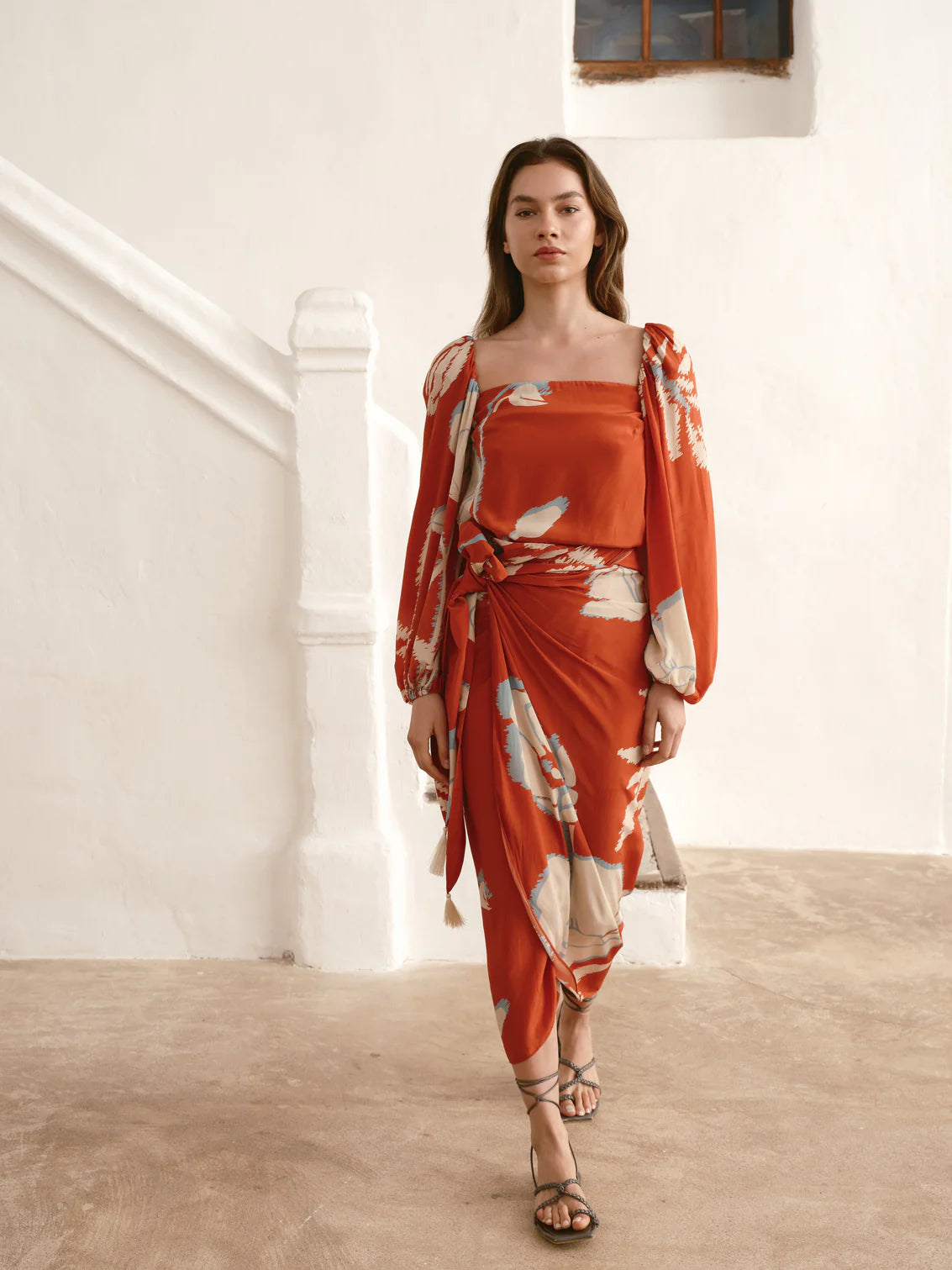 Round - neck cover ups for a classic and simple lookMapara Crepe China Skirt Orange Gladiolos Round - neck cover ups for a classic and simple lookMapara Crepe China Skirt Orange Gladiolos