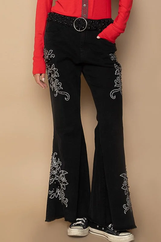 Printed Bodysuits with Floral Patterns for a Feminine VibeRaw Hem Embroidered Flare Pants