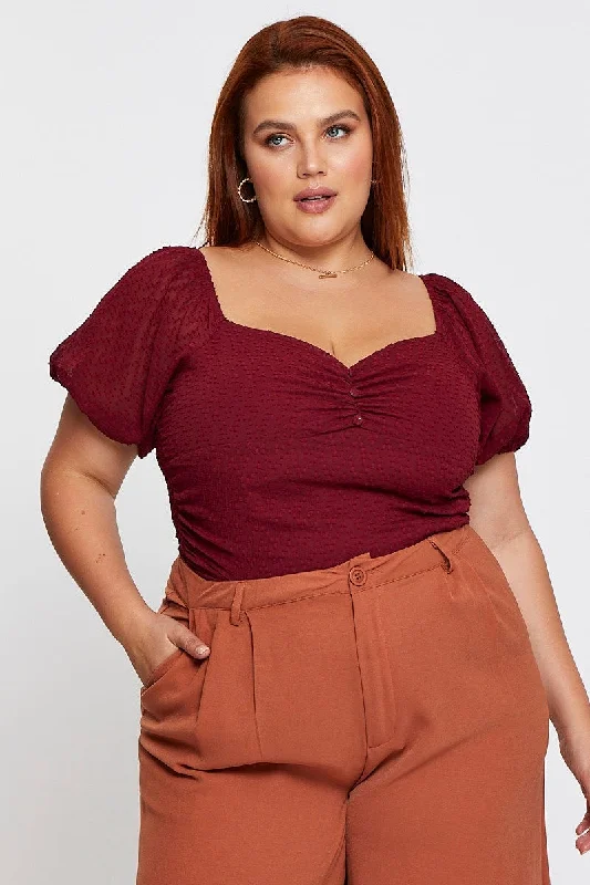 Lace Bodysuits for a Sexy and Elegant Bedroom LookRed Bodysuit Short Sleeve Textured Gathered Bust