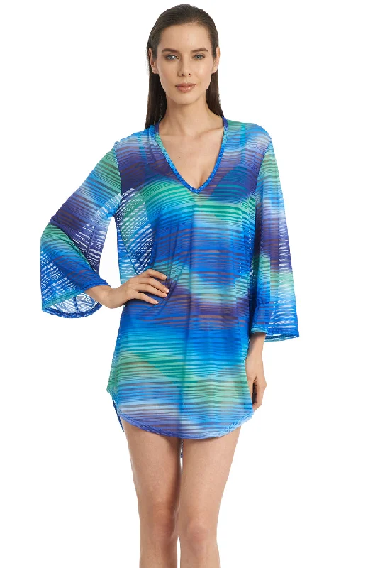 Kimono - style cover ups for an Asian - inspired beach lookV-NECK BELL SLEEVE TUNIC - CLUSTER