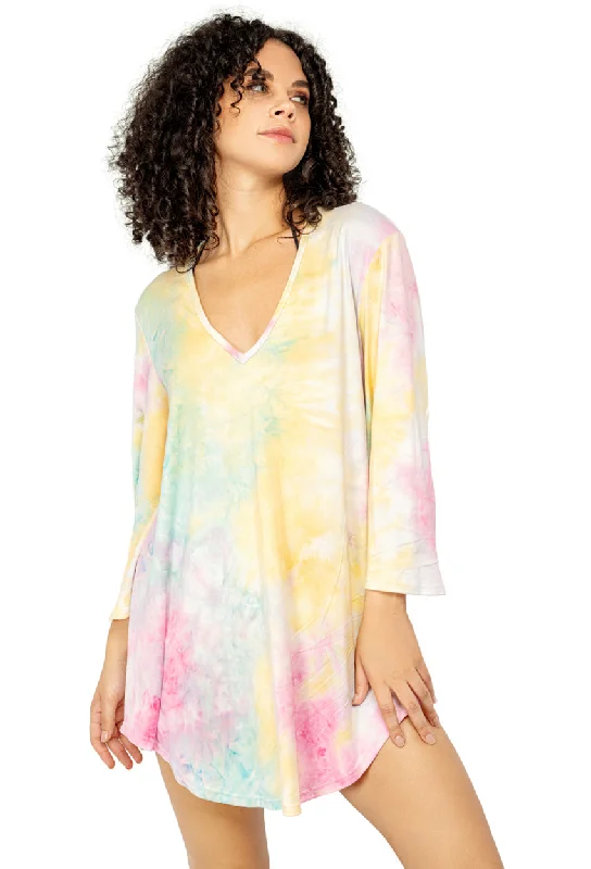 Quick - dry polyester cover ups for water sports enthusiastsV-NECK BELL SLEEVE TUNIC - CLY Quick - dry polyester cover ups for water sports enthusiastsV-NECK BELL SLEEVE TUNIC - CLY