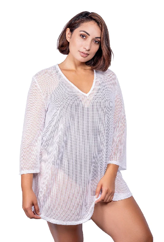 Drawstring - closure cover ups for adjustable sizingV-NECK BELL SLEEVE TUNIC - GOFRET - PLUS SIZE Drawstring - closure cover ups for adjustable sizingV-NECK BELL SLEEVE TUNIC - GOFRET - PLUS SIZE