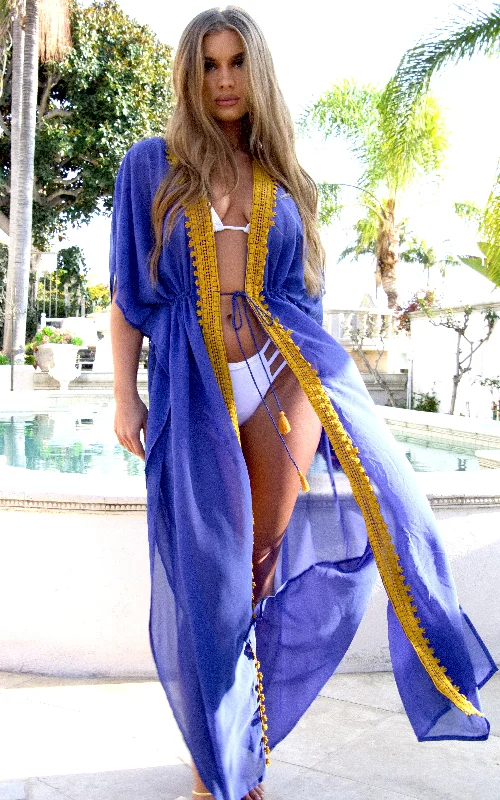 Anti - bacterial cover ups for a hygienic beachwear optionVivian: Royal Blue Kimono with Gold Lace Anti - bacterial cover ups for a hygienic beachwear optionVivian: Royal Blue Kimono with Gold Lace